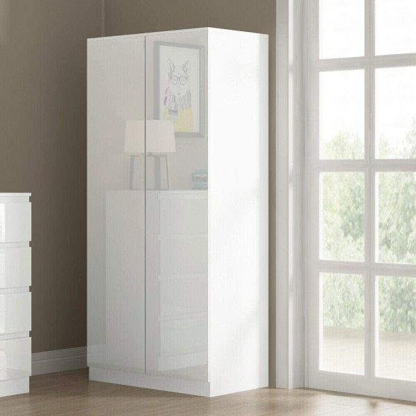 Stora 80cm Modern Bedroom 2 Door Wardrobe with Storage Shelves White Gloss