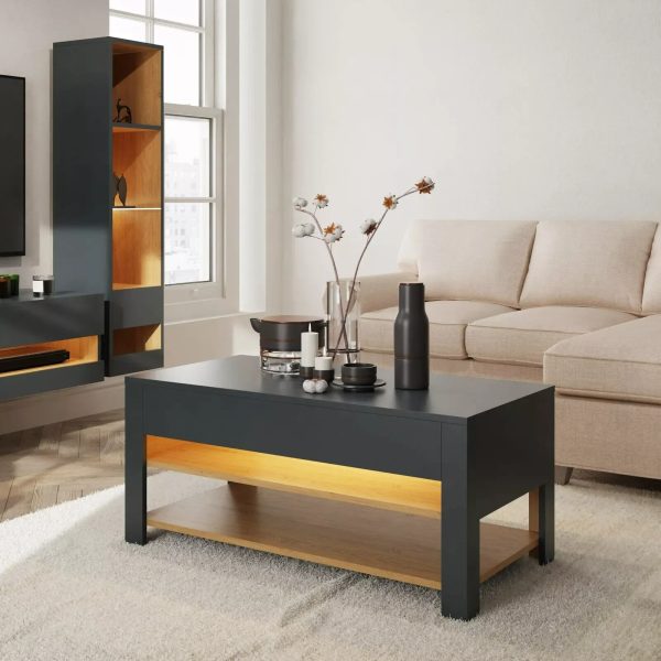 Stylish Coffee Table with LED Anthracite Oak storage shelves