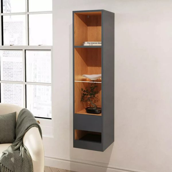 Tall Wall Mount Display Shelf Unit with LED Anthracite Oak Stylish Modern