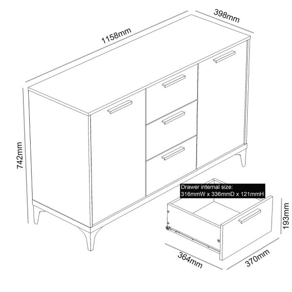 Truro Large 2 door 3 Drawer Sideboard , Dusty Grey Oak, Quality Materials - Image 6