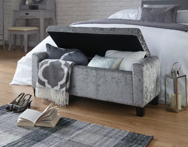 Verona Ottoman Seat tactile soft Grey Crushed Velvet storage Blanket Box