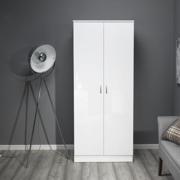 White Gloss Chilton Modern Bedroom 2 Door Wardrobe with Storage Shelf - Image 3