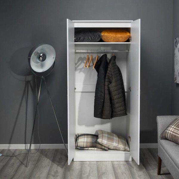 White Gloss Chilton Modern Bedroom 2 Door Wardrobe with Storage Shelf - Image 4