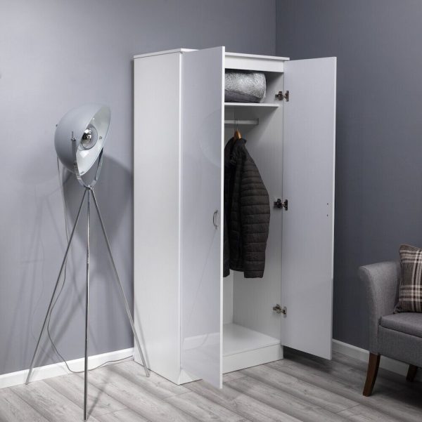 White Gloss Chilton Modern Bedroom 2 Door Wardrobe with Storage Shelf - Image 5