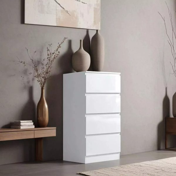 White High Gloss 4 Drawer Bedside Cabinet Bedroom Storage Furniture