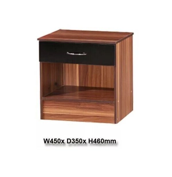 Black Gloss and French Walnut Bedside Cabinet Gloss drawer front Walnut frame