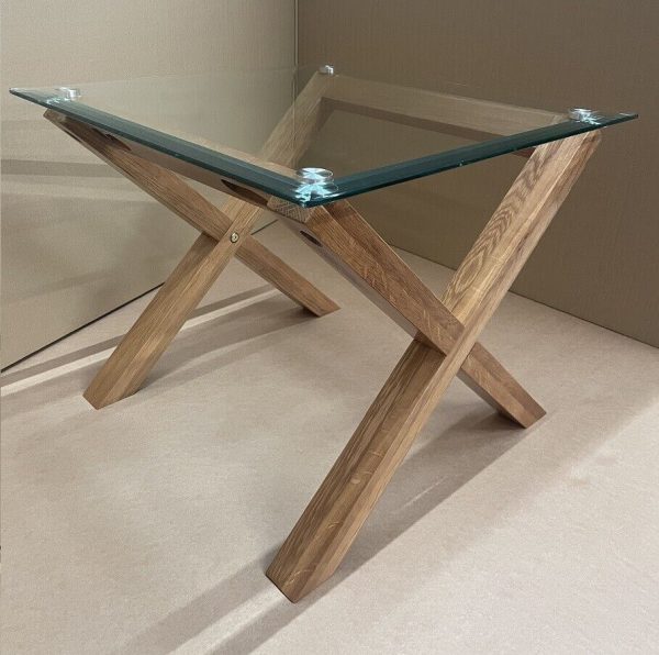 Cadiz Solid Oak Cross Leg Bevelled Glass Top Console Hall Table - Image 7