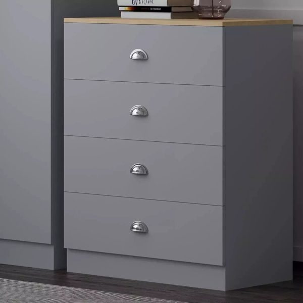 Esher  Chest Of 4 Drawers Matt Grey Finish With Light Oak Top Bedroom