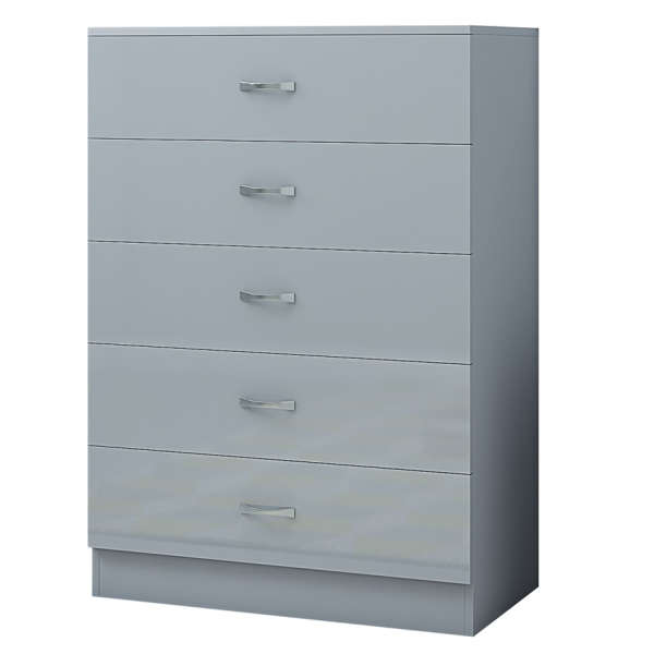 Grey 5 Drawer Chest Wide Tall Gloss Fronts Metal handles Scratch Resistant