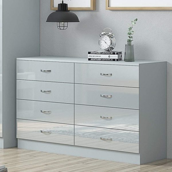 Grey 8 Drawer Chest Wide Tall Gloss Fronts Metal handles Scratch Resistant