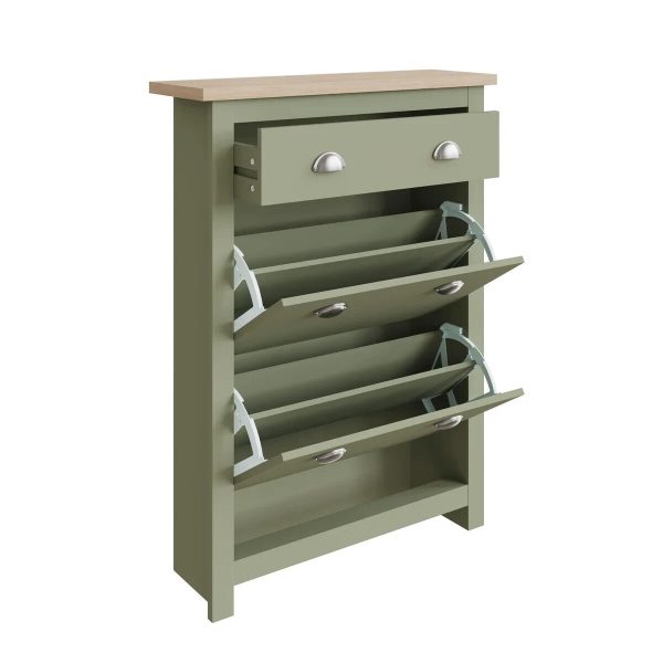 Lancaster 2 Door 1 Drawer Shoe Cabinet Storage Unit Hallway Sage Green and Oak - Image 3