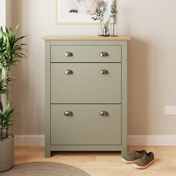 Lancaster 2 Door 1 Drawer Shoe Cabinet Storage Unit Hallway Sage Green and Oak