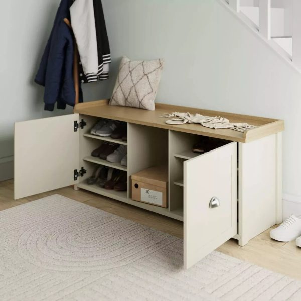 Lancaster 2 Door Shoe Bench Cream Internal Shelves Storage Hallway - Image 3