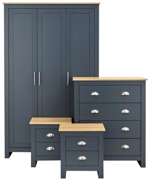 Lancaster 4 Piece bedroom set 3 Door Robe + 2 Bedside + 4 drawer chest Blue Grey