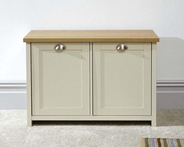 Lancaster Hallway Shoe Storage Bench Unit Cream & Oak 2 Door Cupboard - Image 3