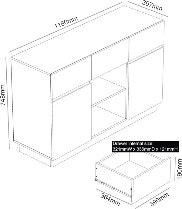 Large 2 Door 3 Drawer Sideboard Loads of Storage cool grey 75x118x40cm - Image 5