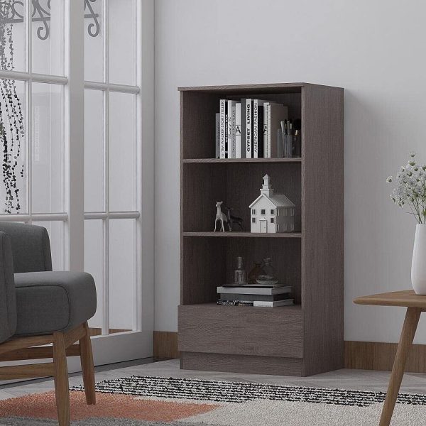 Narvik Rustic Oak Modern 1 Drawer Compact Bookcase 3 Shelves 121cm Tall Shelf - Image 3