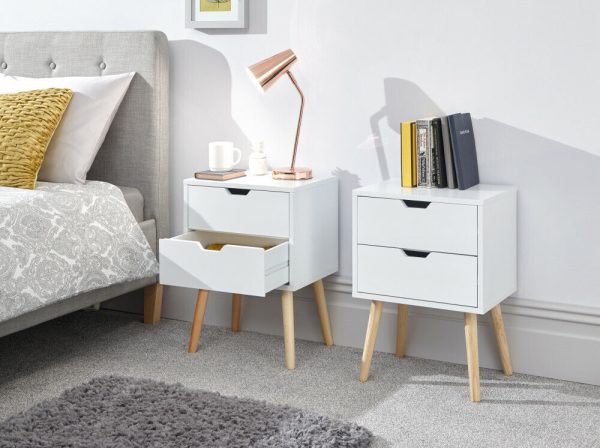 Pair Nyborg 2 drawer bed side chest of Drawers cabinet Scandinavian style White