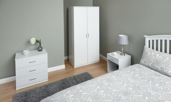 Panama 3 Piece Set 2 Door Wardrobe bed side and 3 drawer chest of drawers White - Image 3