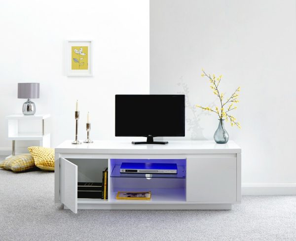 Polar Large Modern White High Gloss TV Entertainment Unit with Blue LED lights