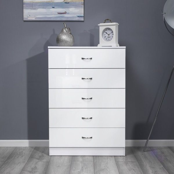 White 5 Drawer Chest Wide Tall Gloss Fronts Metal handles Scratch Resistant