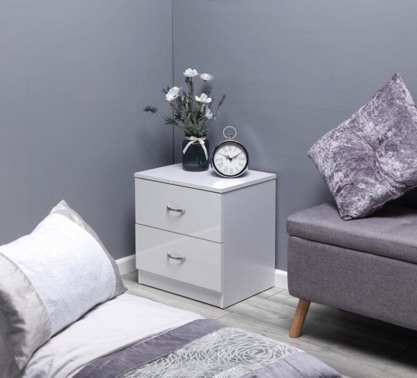 White Chilton High Gloss 2 Drawer Bedside Chest Bedroom Scratch Resistant - Image 3