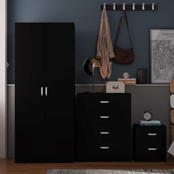 BLACK 3 Piece Wardrobe Set Bedside 4 Drawer Chest of Drawers Bedroom Furniture