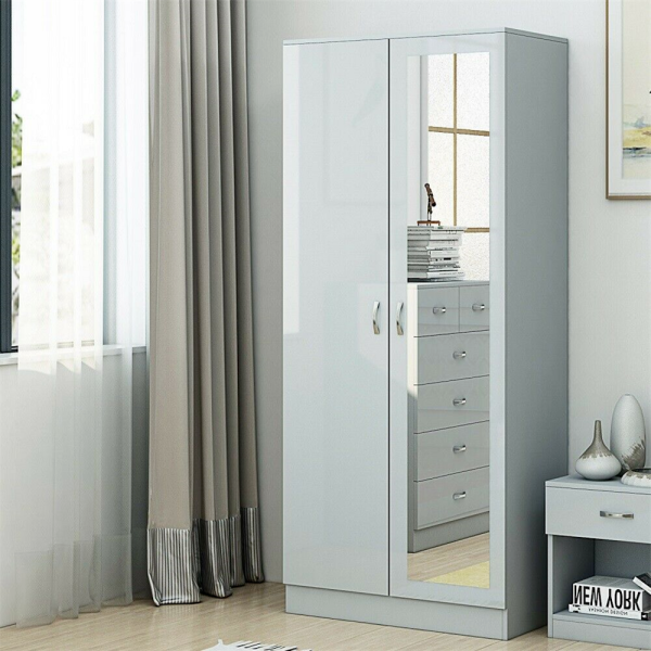 Grey Gloss Chilton Modern Bedroom 2 Door Mirror Wardrobe with Storage Shelf - Image 3