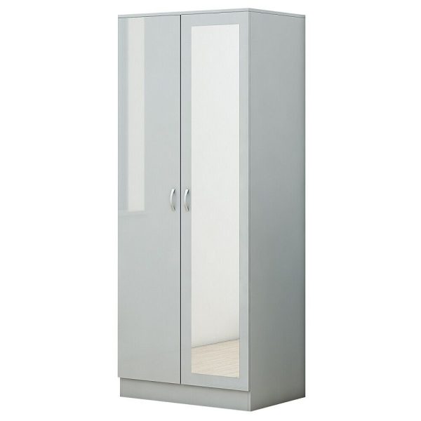 Grey Gloss Chilton Modern Bedroom 2 Door Mirror Wardrobe with Storage Shelf