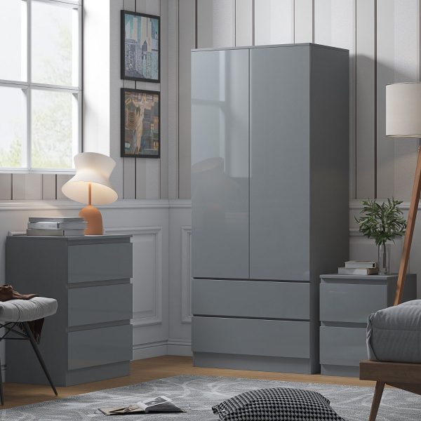 Grey High Gloss 2 Door 2 drawer Combi Wardrobe Scratch Resistant Soft Close