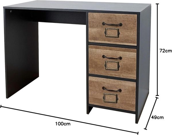 Industrial Brown Black Wood Effect 3 Drawer Office Desk - Retro Locker Design - Image 5