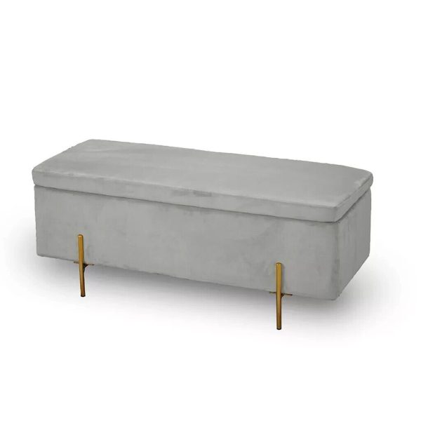 LOLA Large Storage Ottoman Bench Window Seat Grey Velvet Fabric Gold