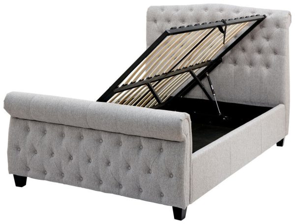 Lucerne Side Lift Ottoman bed 5ft King Size High Scroll Bed Silver Grey Chenille - Image 7