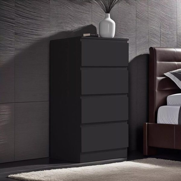 Matt Black 4 Drawer Chest Of Drawers Bedside Table Scratch Resistant Tall Slim - Image 3