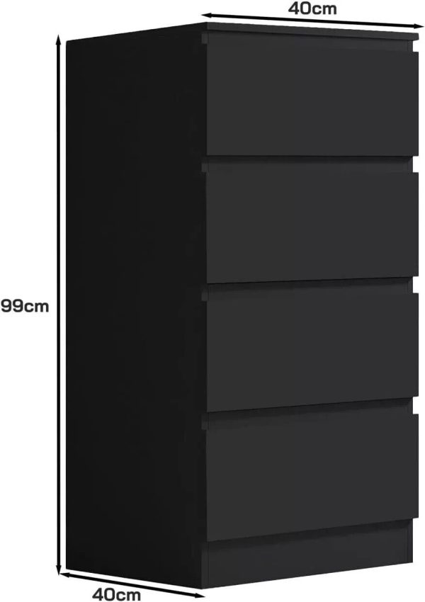 Matt Black 4 Drawer Chest Of Drawers Bedside Table Scratch Resistant Tall Slim - Image 4