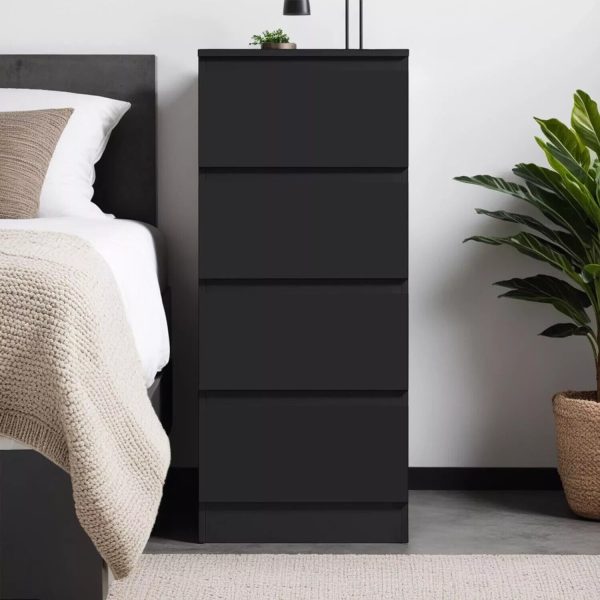 Matt Black 4 Drawer Chest Of Drawers Bedside Table Scratch Resistant Tall Slim