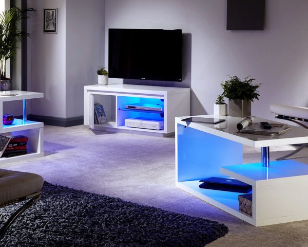 Polar Modern White High Gloss Blue LED Lamp Side End Table bed side - Image 3