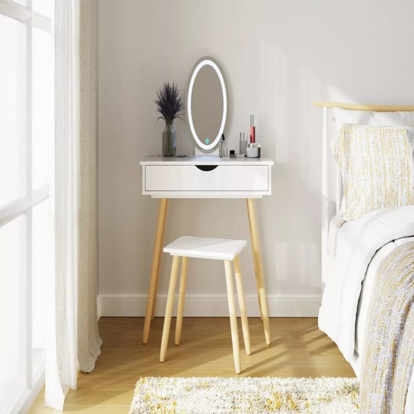 Signy LED White Dressing Table Set with Stool, Mirror, 3-Colour Light modes