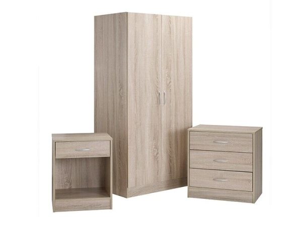 3 Piece Set 2 Door Wardrobe bed side and 3 drawer chest of drawers Oak colour - Image 3