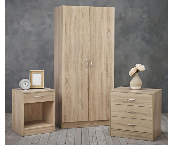 3 Piece Set 2 Door Wardrobe bed side and 3 drawer chest of drawers Oak colour