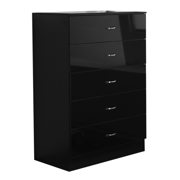 Black 5 Drawer Chest Wide Tall Gloss Fronts Metal handles Scratch Resistant