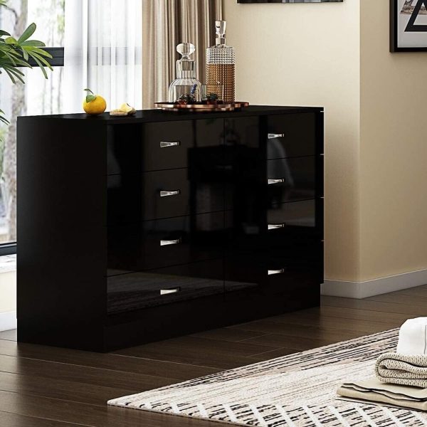 Black 8 Drawer Chest Wide Tall Gloss Fronts Metal handles Scratch Resistant