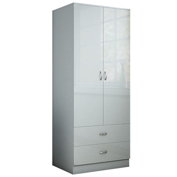 Grey Gloss Chilton Modern Bedroom 2 Door  2 Drawer Combi Robe Wardrobe Drawers