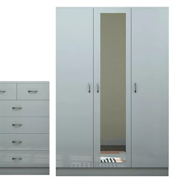 Grey Gloss Modern 3 Door Mirror Wardrobe Some damage - see pictures - Graded