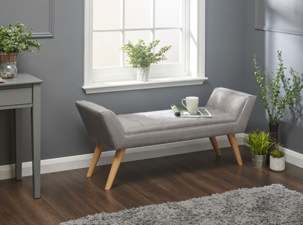 Grey Window Seat Bench Textured Hopsack Fabric Retro Styled Legs Milan