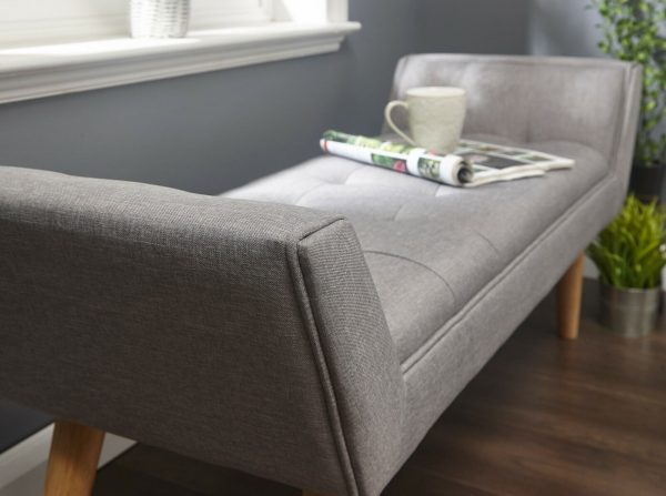 Grey Window Seat Bench Textured Hopsack Fabric Retro Styled Legs Milan - Image 8