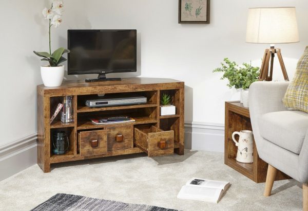 Jakarta 3 Drawer Corner TV Media Entertainment Unit distressed style