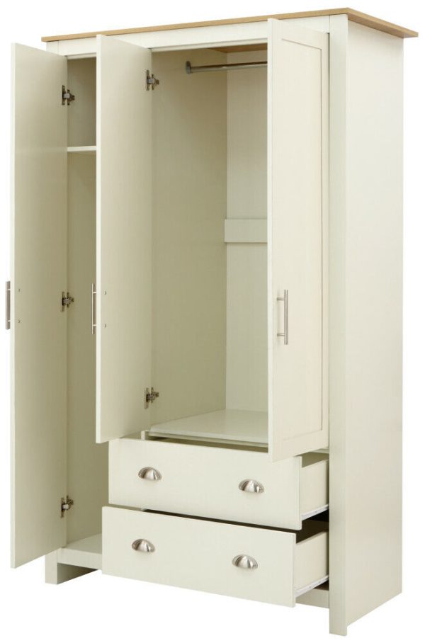 Lancaster 3 Door 2 Drawer Wardrobe - Cream - Image 5