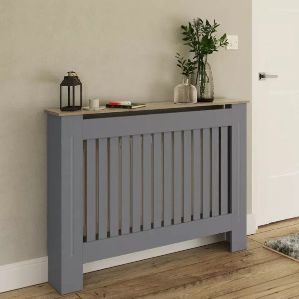 Longslow Medium Grey Radiator Cover Slatted Wood Design Top Shelf Storage