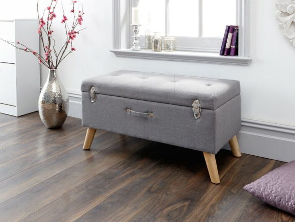 MINSTREL UPHOLSTERED OTTOMAN BOX STORAGE BENCH BLANKET STOOL LIGHT GREY - Image 10